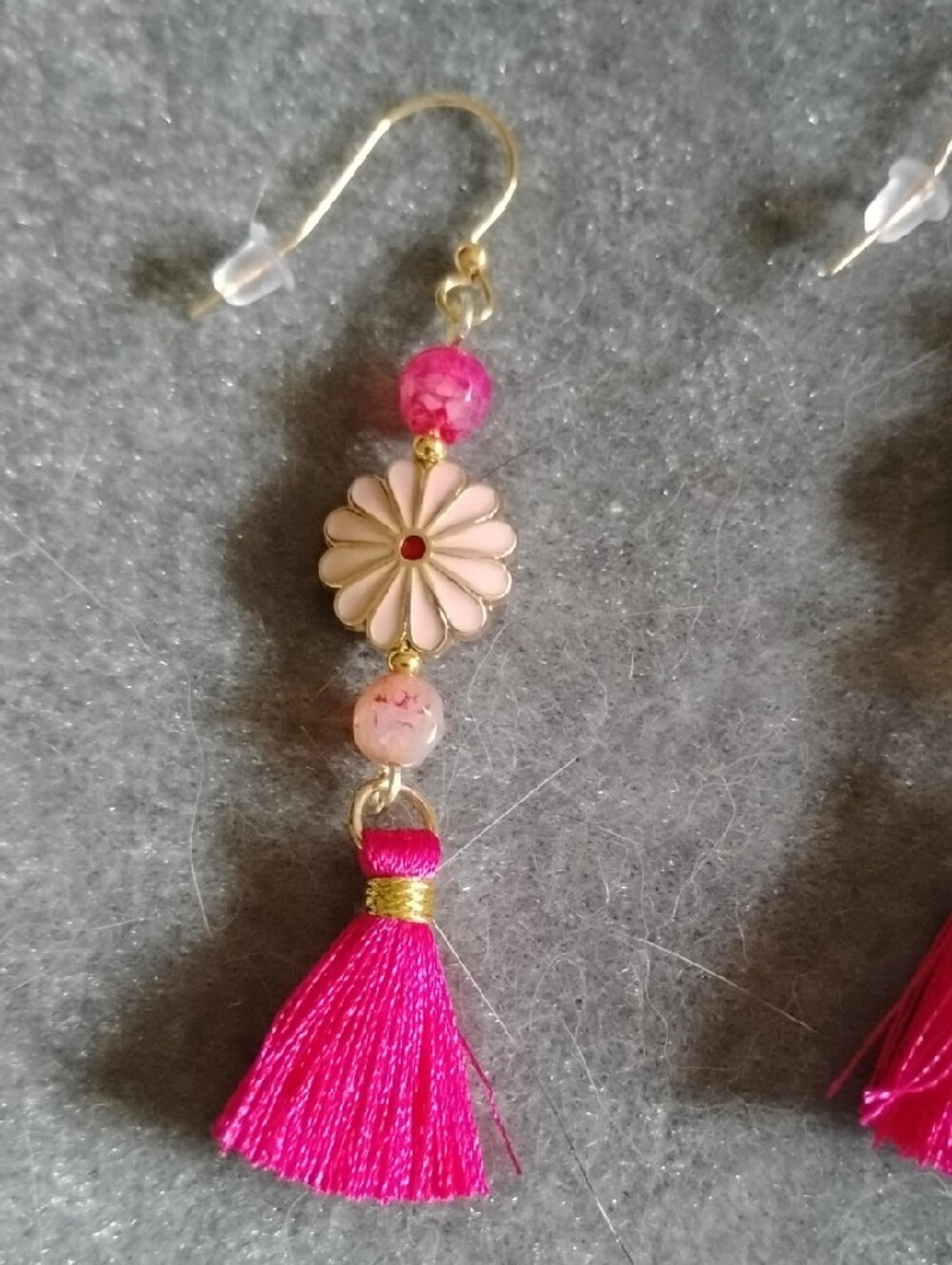 Hand Crafted Pink Tassel Floral Drop Earrings With Gold Accents - Picture 6 of 6